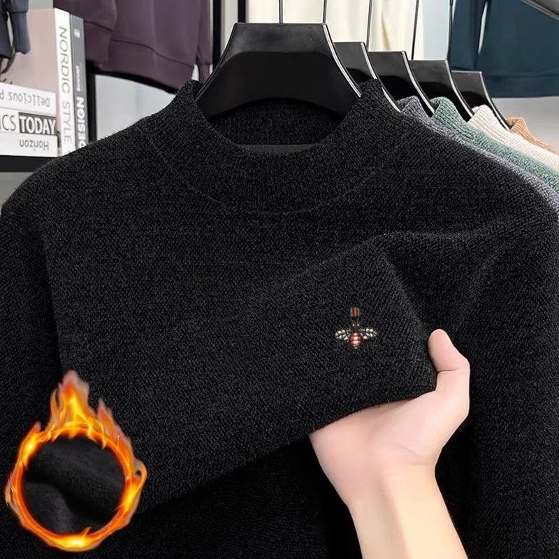 Pull Homme 100% Laine Mérinos – Col Côtelé, Logo Abeille Brodé – Doux, Chaud & Élégant
