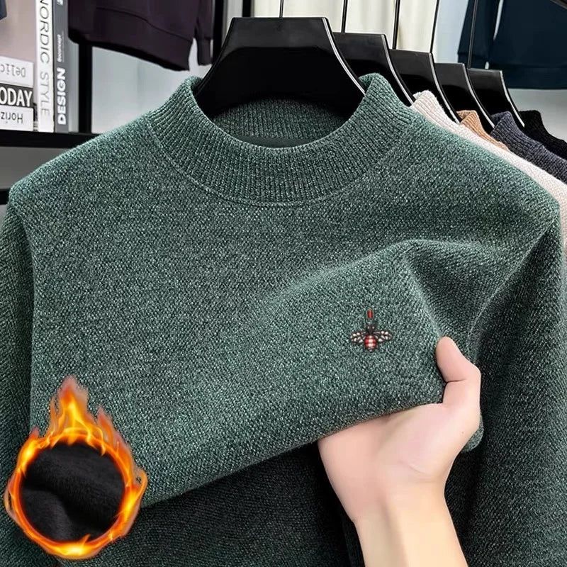 Pull Homme 100% Laine Mérinos – Col Côtelé, Logo Abeille Brodé – Doux, Chaud & Élégant