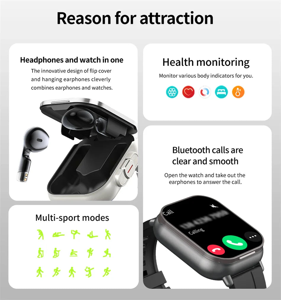 Montre intelligente connectée 2 en 1 avec écouteurs