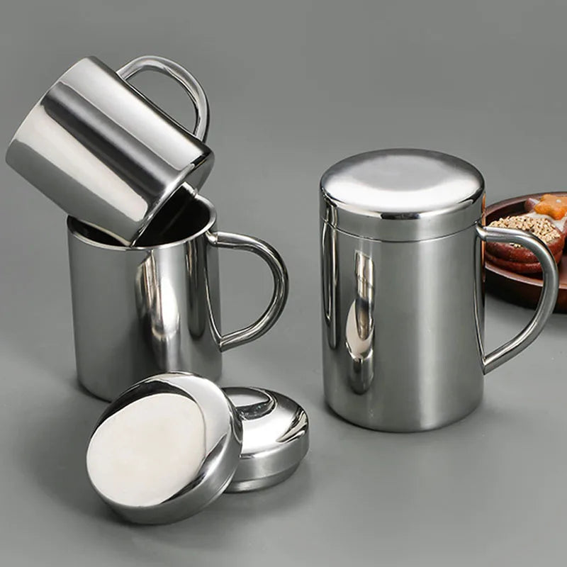 Tasse Isotherme Double Paroi en Acier Inoxydable – Mug Anti-Brûlure avec Couvercle et Poignée pour Café, Thé, Bureau et Voyage