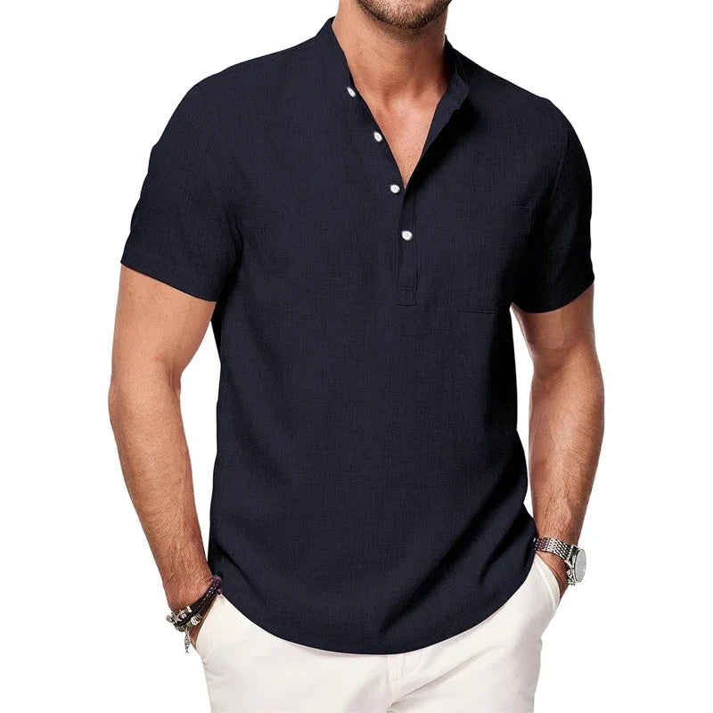 T-shirt Style Chemise à Col Mao avec Poche