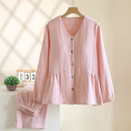 Pyjama Femme en Crêpe de Coton 100% – Ensemble 2 Pièces Col V & Manches Longues