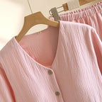 Pyjama Femme en Crêpe de Coton 100% – Ensemble 2 Pièces Col V & Manches Longues