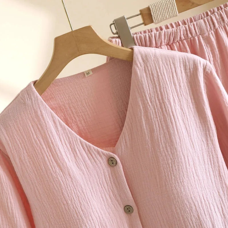 Pyjama Femme en Crêpe de Coton 100% – Ensemble 2 Pièces Col V & Manches Longues