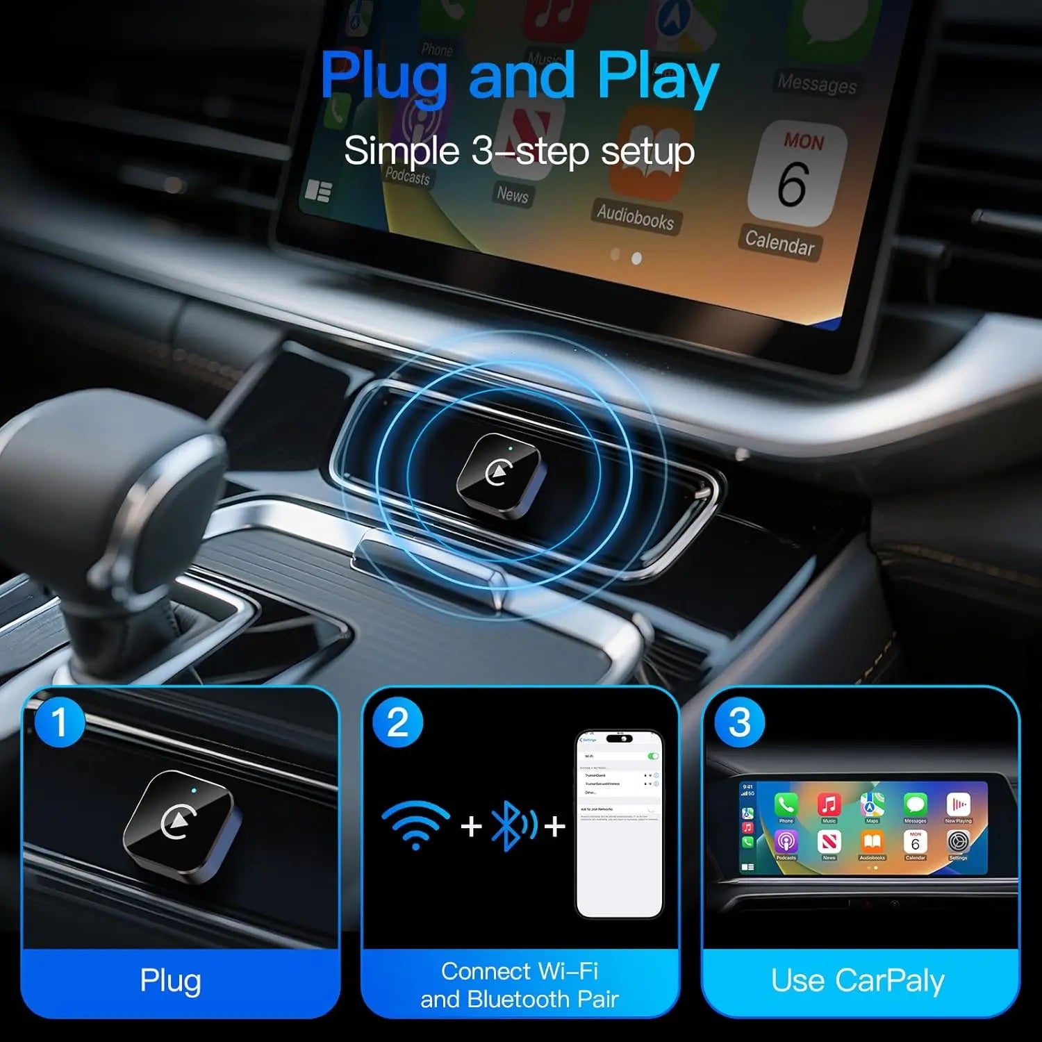 Adaptateur CarPlay Sans Fil et Android Auto – Plug & Play, Connexion Rapide et Stable pour iPhone et Android