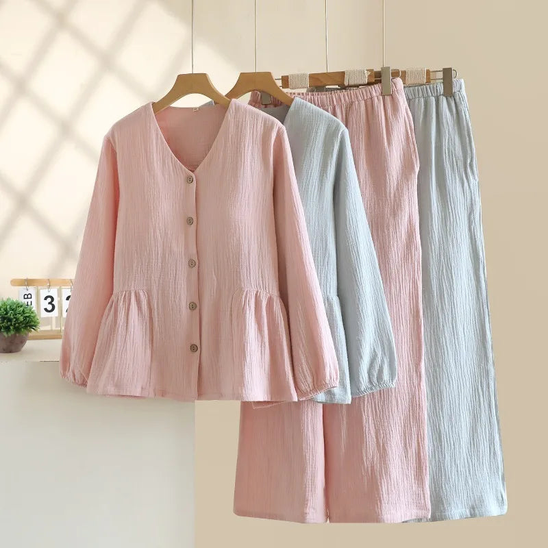 Pyjama Femme en Crêpe de Coton 100% – Ensemble 2 Pièces Col V & Manches Longues
