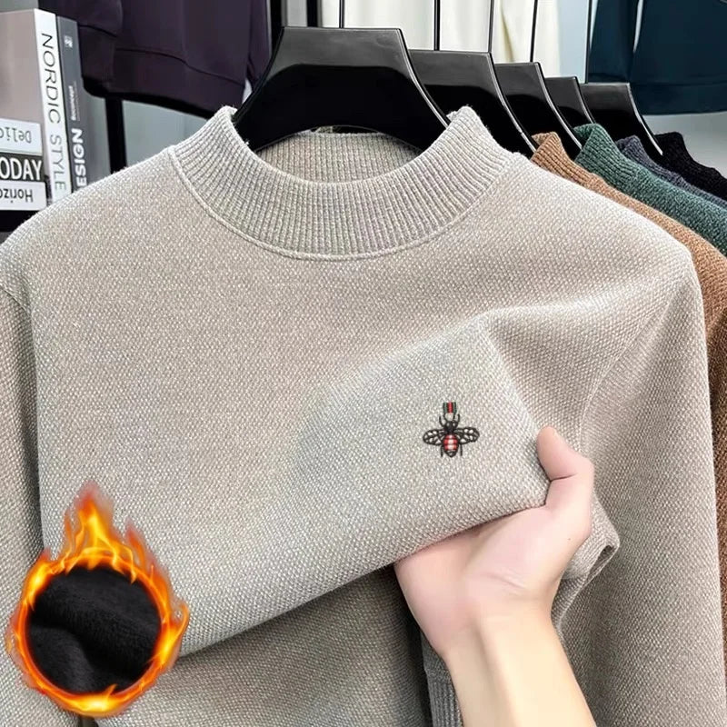 Pull Homme 100% Laine Mérinos – Col Côtelé, Logo Abeille Brodé – Doux, Chaud & Élégant