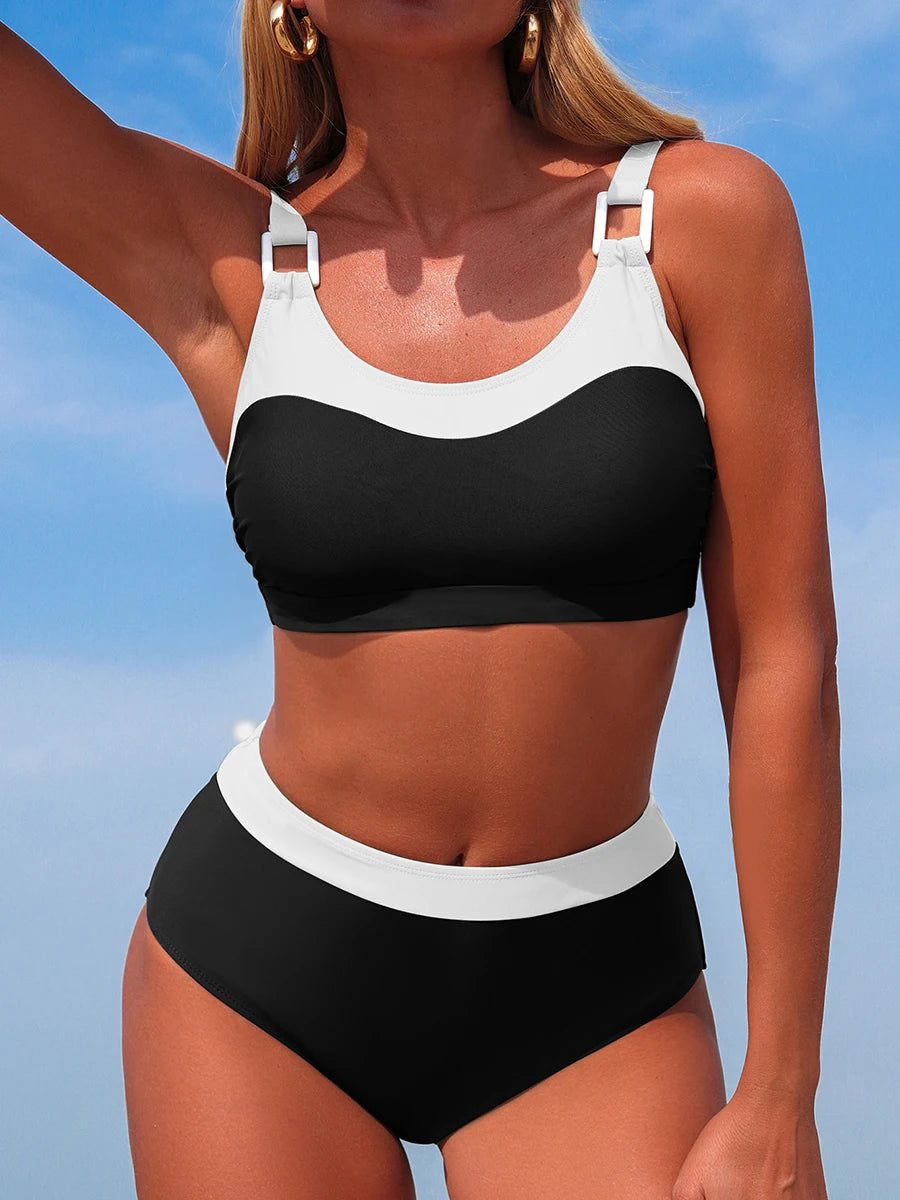 Maillot de Bain Femme 2 Pièces Taille Haute – Bikini Sport Bicolore à Bretelles Larges