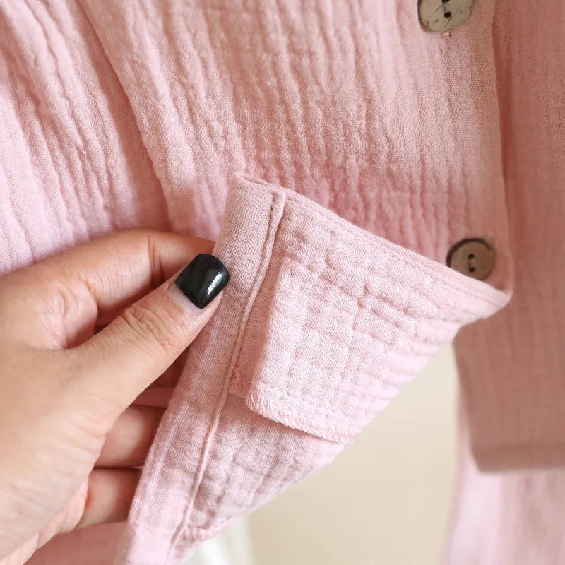 Pyjama Femme en Crêpe de Coton 100% – Ensemble 2 Pièces Col V & Manches Longues