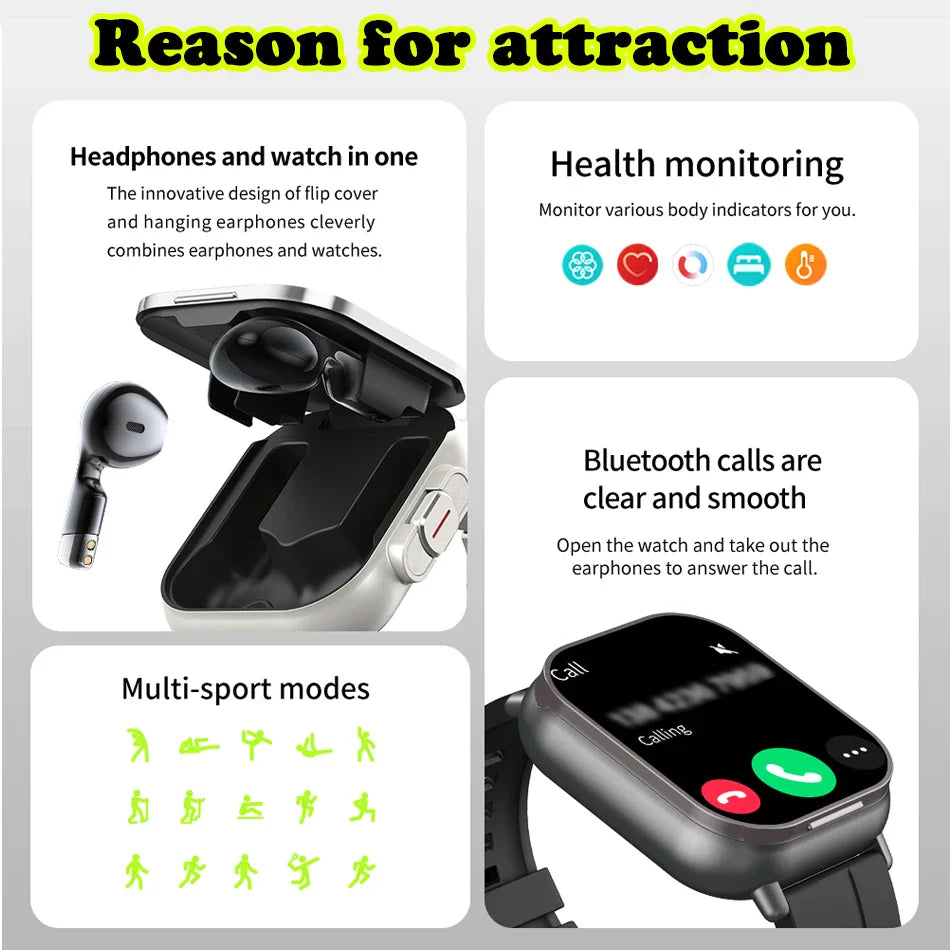 Montre intelligente connectée 2 en 1 avec écouteurs
