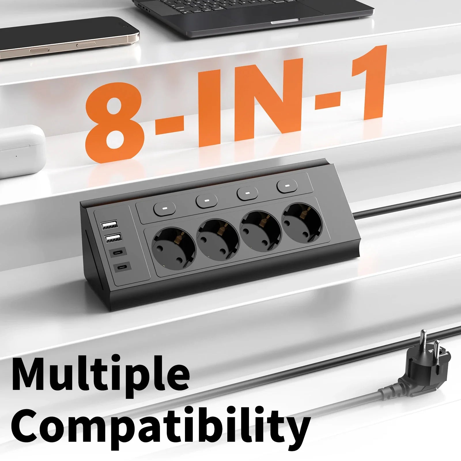 Multiprise d'Angles de Bureau avec Interrupteur de Contrôle - 4 Prises + 4 Ports