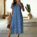Robe Midi Femme Effet Jean en Coton – Col Rond, Boutonnée et Fendue sur Toute la Longueur