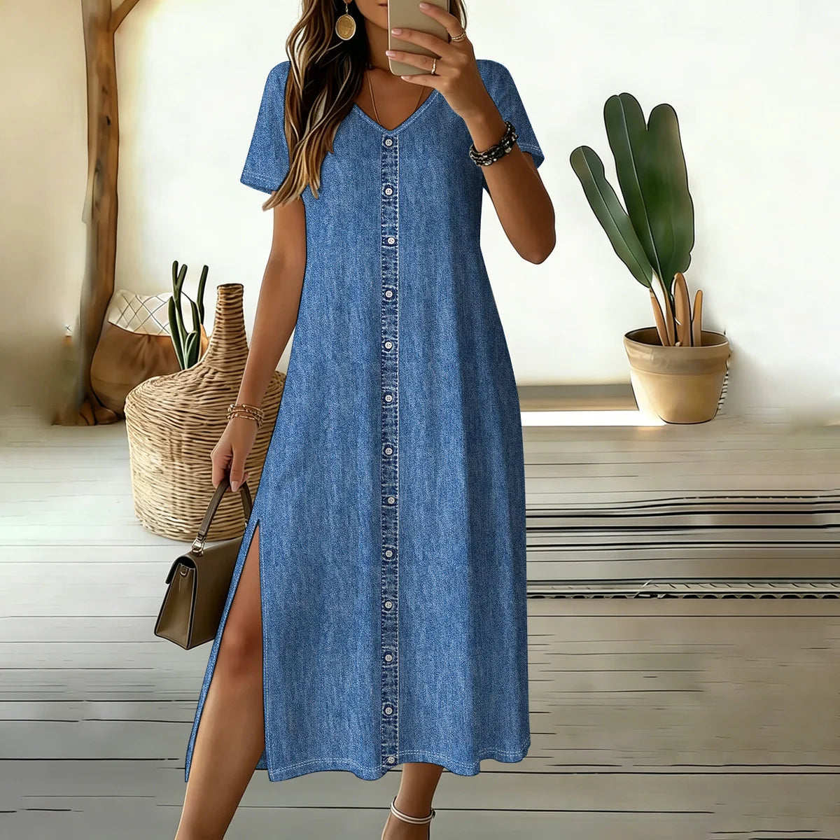Robe Midi Femme Effet Jean en Coton – Col Rond, Boutonnée et Fendue sur Toute la Longueur