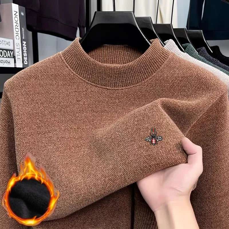 Pull Homme 100% Laine Mérinos – Col Côtelé, Logo Abeille Brodé – Doux, Chaud & Élégant