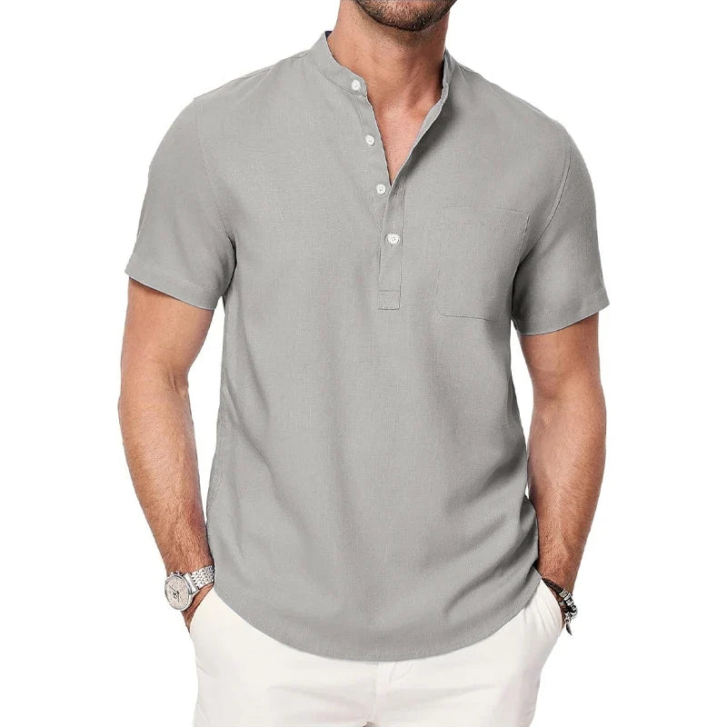 T-shirt Style Chemise à Col Mao avec Poche