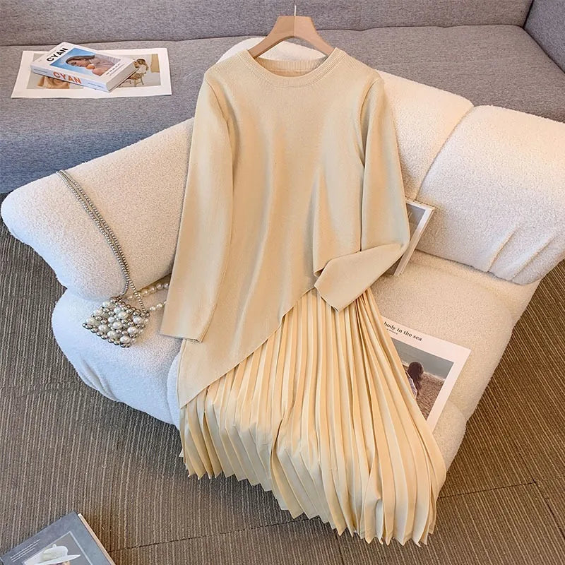 Robe 2 en 1 Pull à Maille et Jupe Plissée