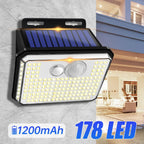Applique murale solaire 178 LED Puissantes - Waterproof et détecteur de mouvement intégré