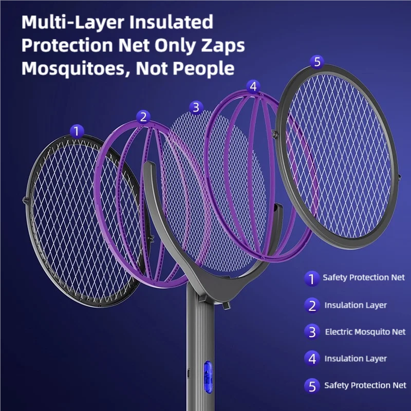 Raquette électrique anti-moustiques télescopique — tête rotative
