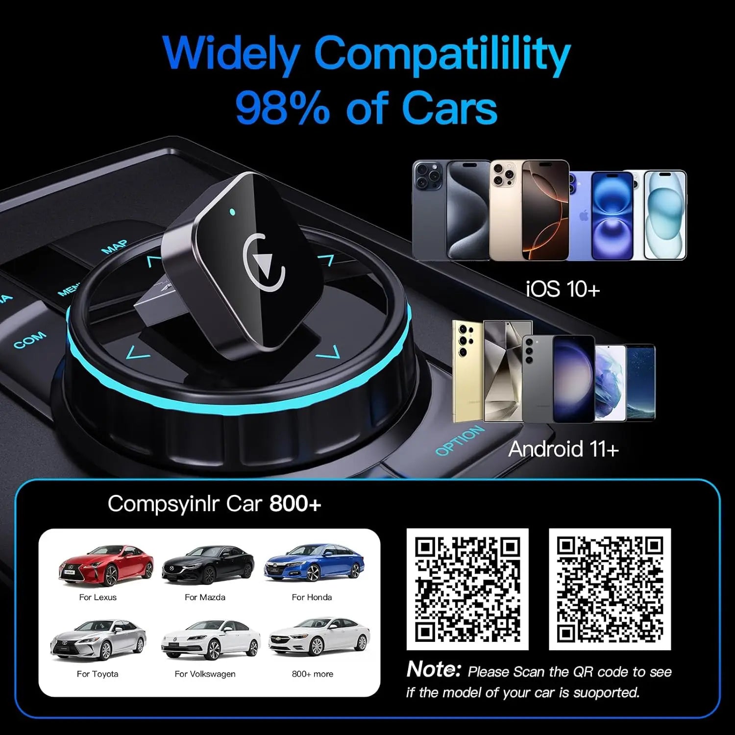Adaptateur CarPlay Sans Fil et Android Auto – Plug & Play, Connexion Rapide et Stable pour iPhone et Android
