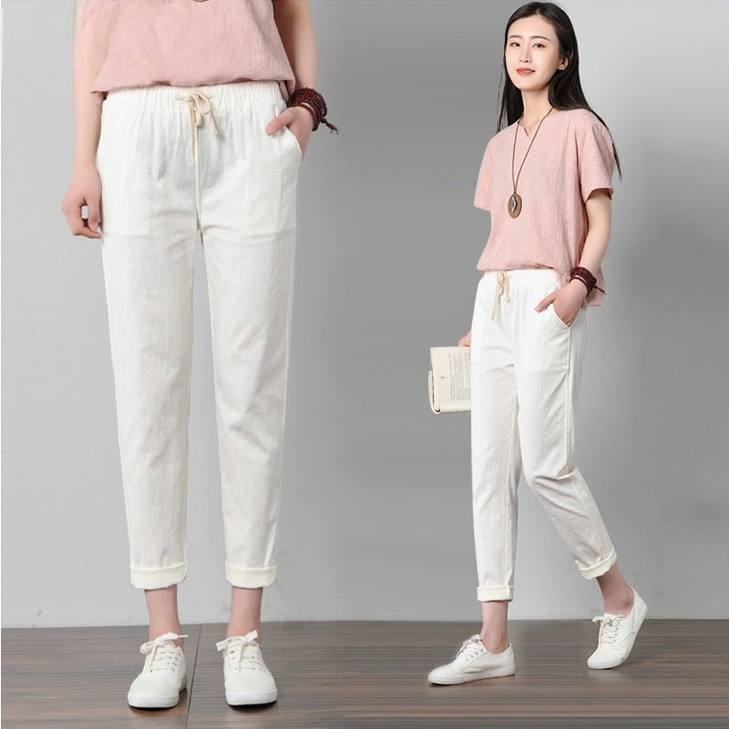 Pantalon en coton et lin pour femme - taille élastique