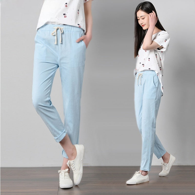 Pantalon en coton et lin pour femme - taille élastique